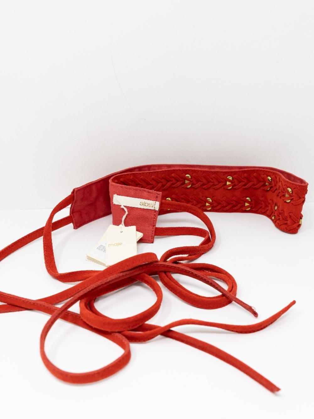 NEW Maje Genuine Leather Suede Braided Wide Belt Waist Wrap Red